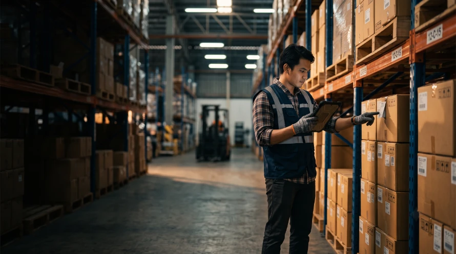 Warehouse worker in a reflective vest using a tablet to inspect labeled boxes on tall shelves in a warehouse aisle.