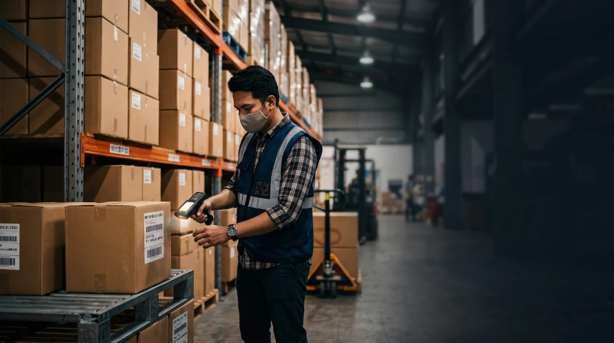 Man wearing a mask and safety vest scans a box on a warehouse shelf with a handheld scanner.